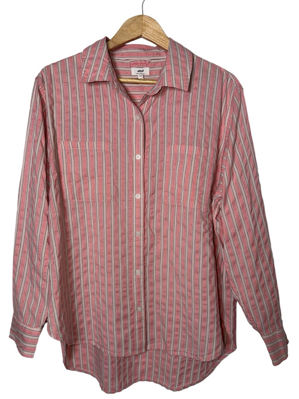 Aerie Off-Duty Seersucker Button Down Oversized Pink White Shirt Small - Picture 5 of 8
